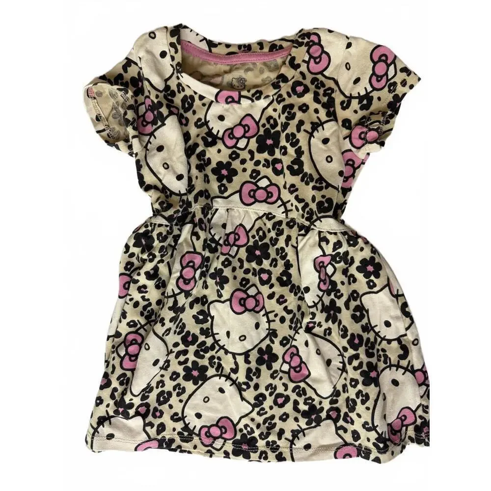 Hello Kitty Dress Girls 2T Beige Leopard Print Skater Short Sleeve Knee Length